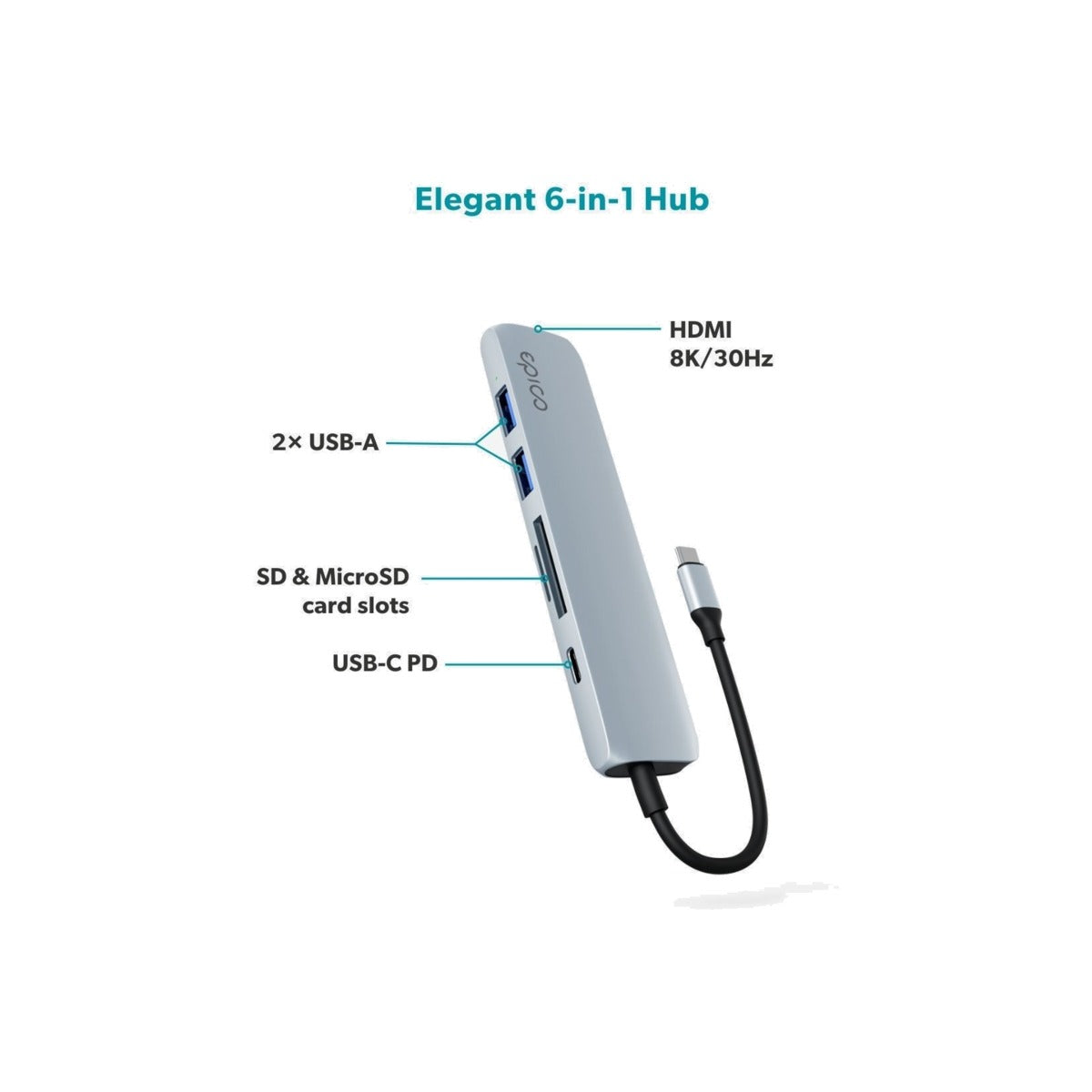 Epico 6in1 Aluminium Hub 8K with USB-C connector - Silver