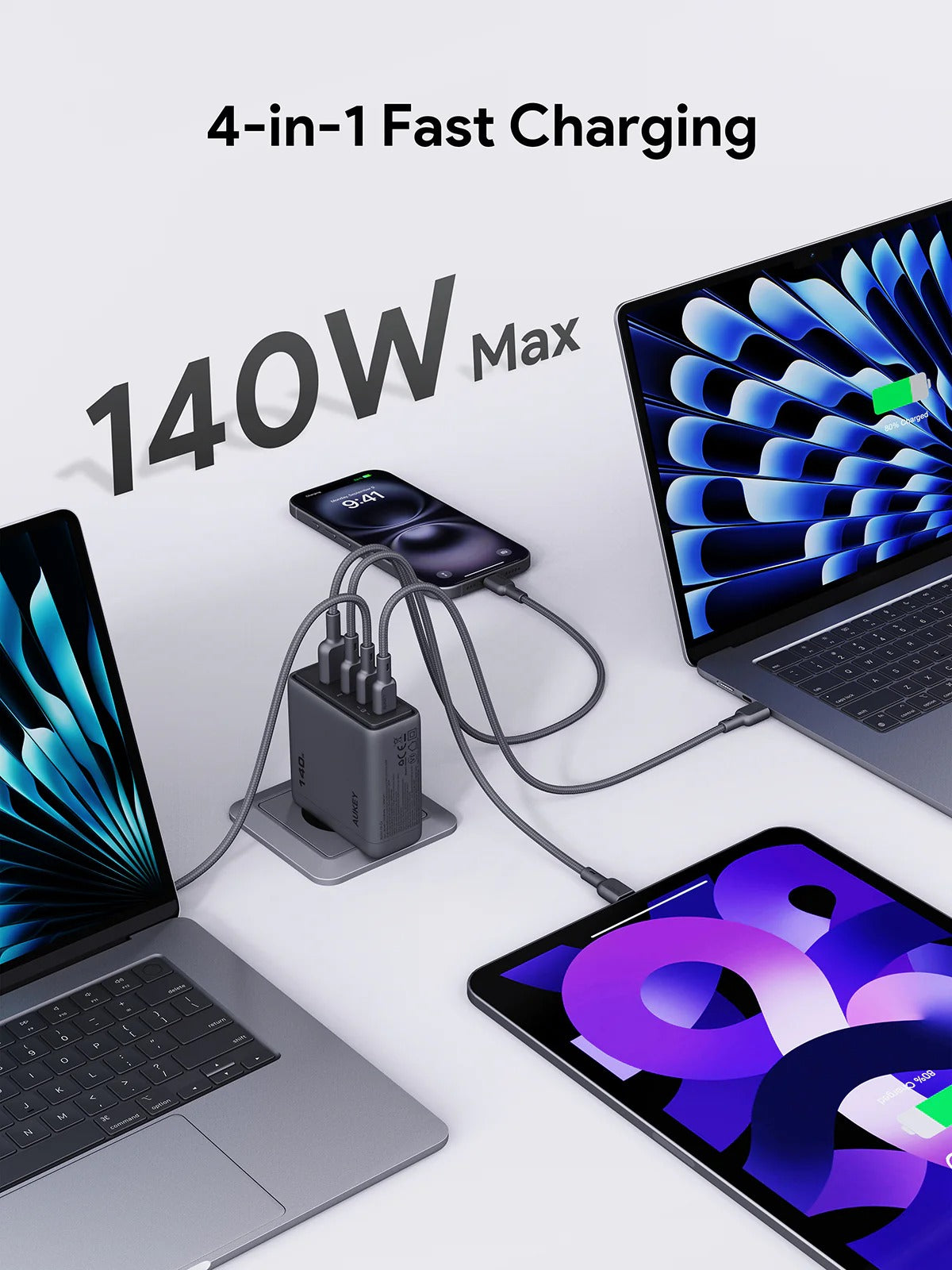 AUKEY Comet Mix 4 140W PD 4-Port GaN Wall Charger with PPS for Laptop & Mobile
