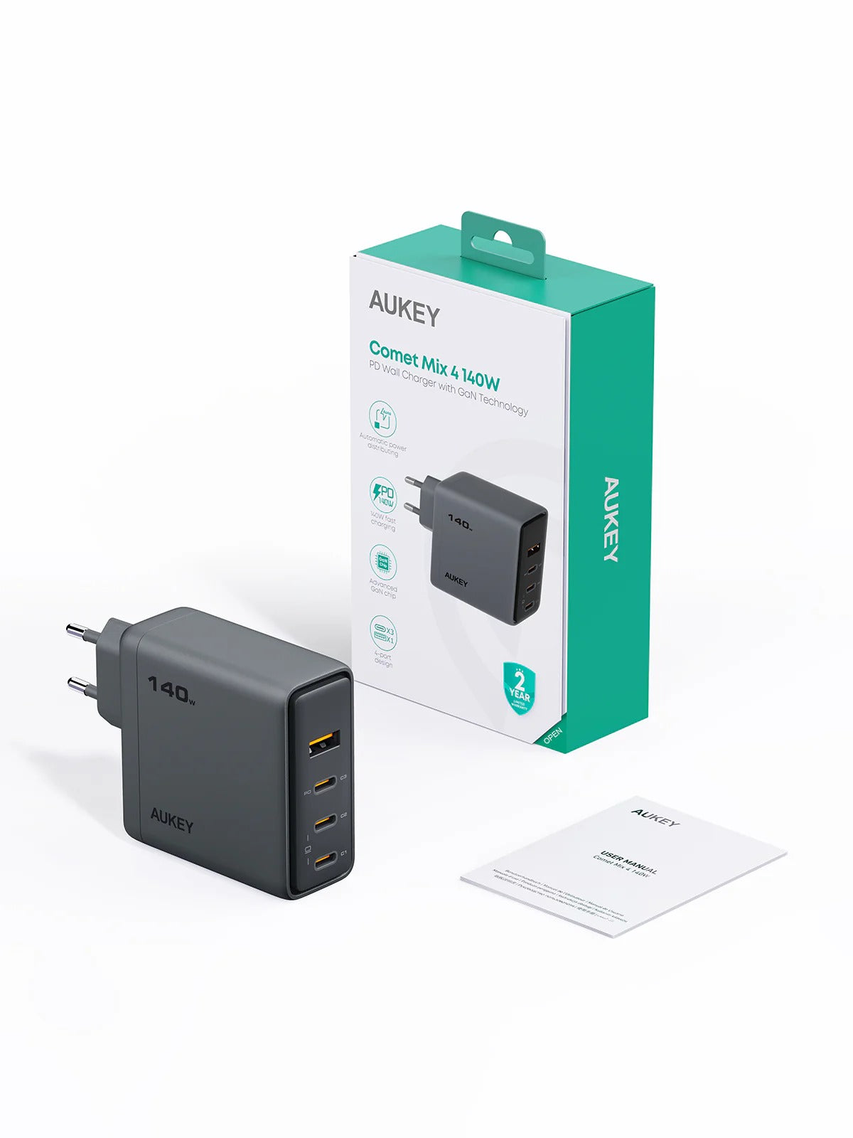 AUKEY Comet Mix 4 140W PD 4-Port GaN Wall Charger with PPS for Laptop & Mobile