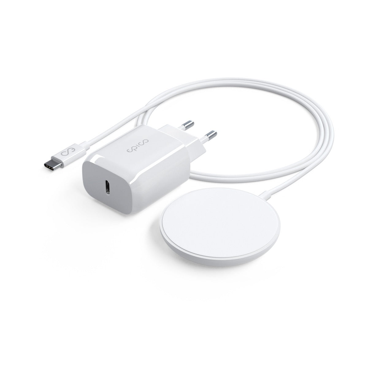 Epico Magnetic Wireless Charging Cable Bundle 7.5W/15W - with USB-C Cable & 20W PD Charger - white