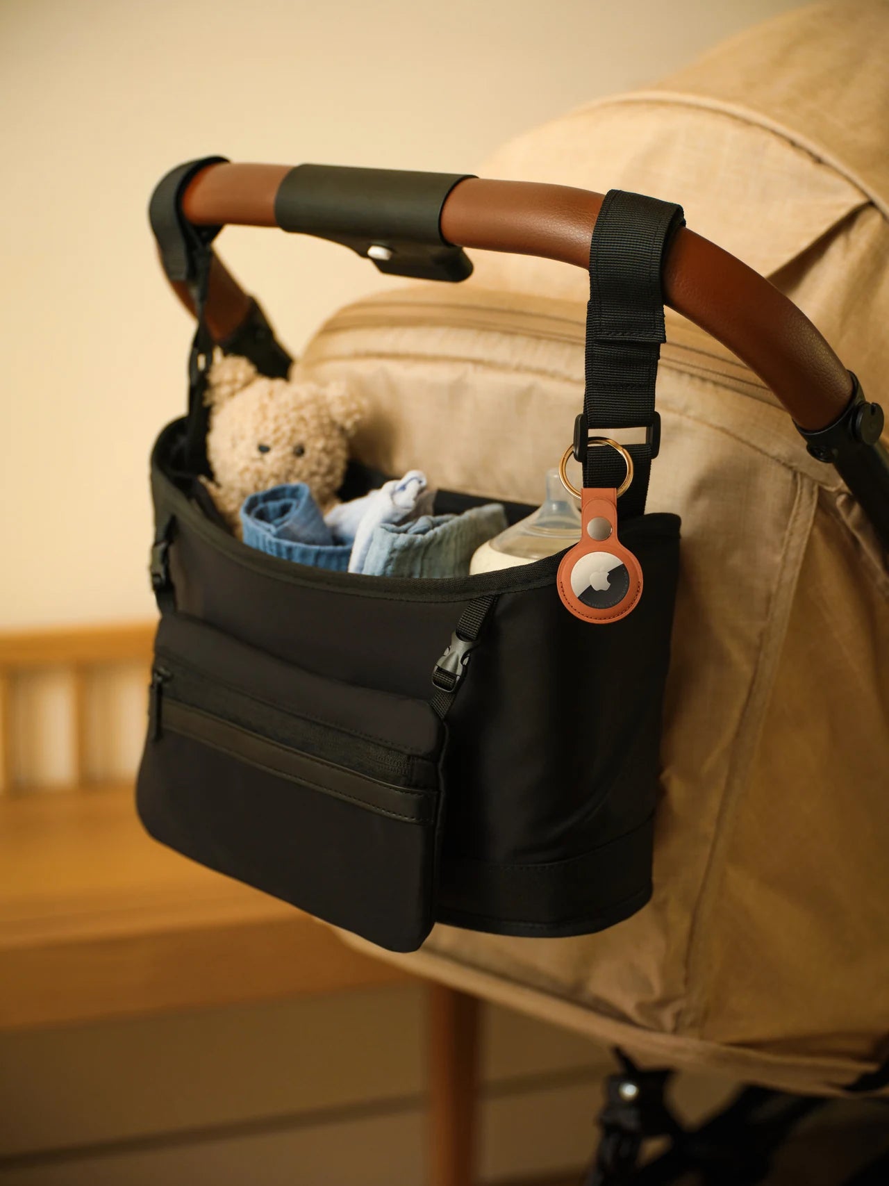AirTag attached to a stroller bag