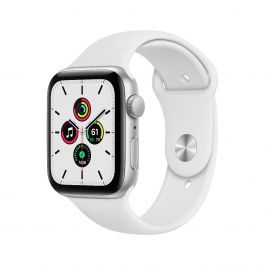 Apple Watch SE, 44мм сребрист с бяла силиконова каишка 