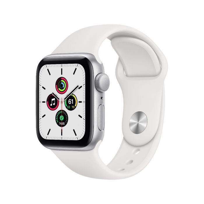 Apple Watch SE, 40мм сребрист с бяла силиконова каишка