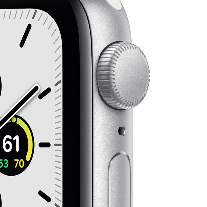 Apple Watch SE, 40мм сребрист с бяла силиконова каишка